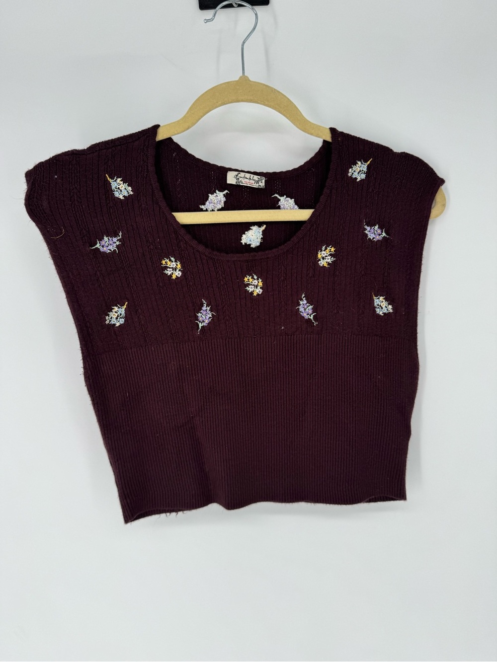 Free People Burgundy Cropped Embroidered Knit Tank